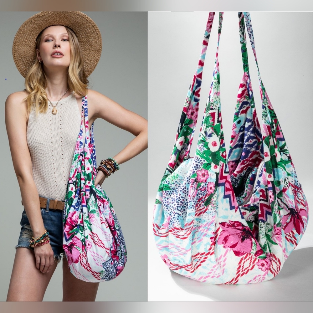 Boho Chic Beach Yoga Hobo Shoulder Bag - 100% Cotton - Floral & Ethnic Design